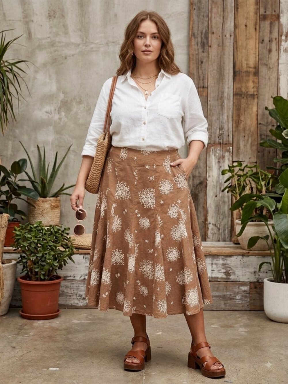 Coldwater Creek Vintage Cottagecore Floral Midi Skirt Size L Brown White Cotton